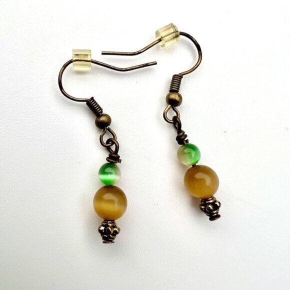 Handmade Beaded Drop Earrings Green & Amber Glass Beads Antiqued Bronze Hooks - Picture 1 of 8